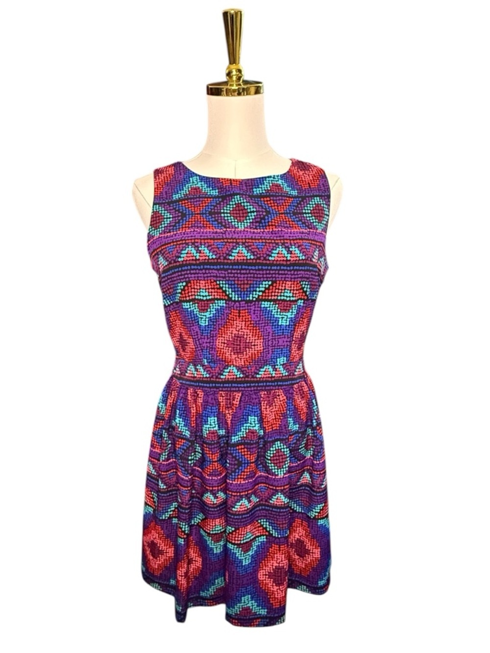Vintage Bongo Party Purple Pink Red Blue Teal Geo Sleeveless Mini Dress Size 5